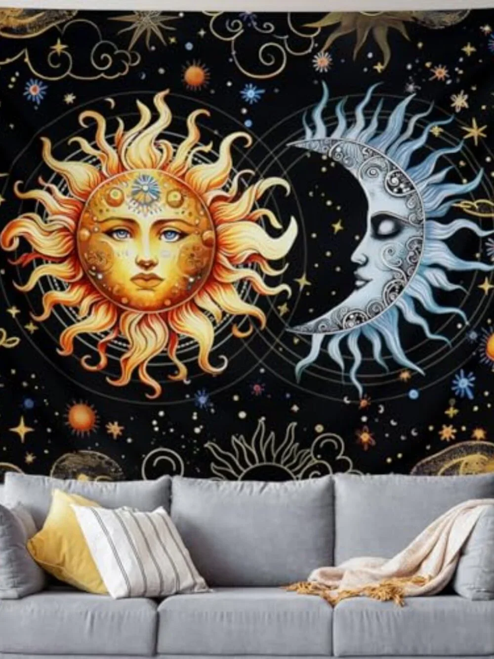 BRAND NEW Sun and Moon Tapestry Boho Black Golden Tapestries 59.1